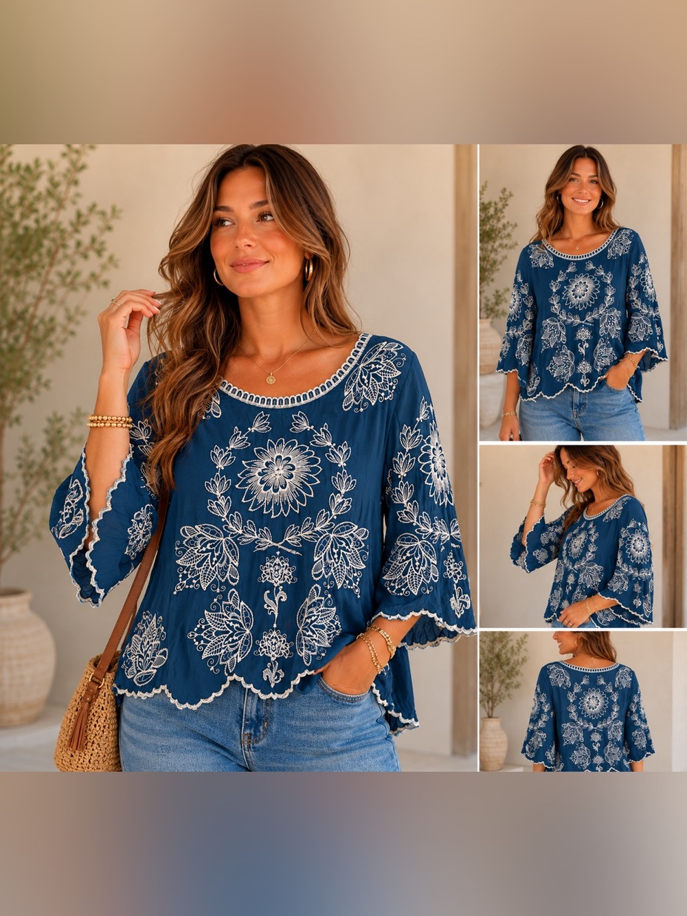 Solitaire Floral Embroidered Teal White XL Scalloped Hem Flare Sleeve Boho Chic
